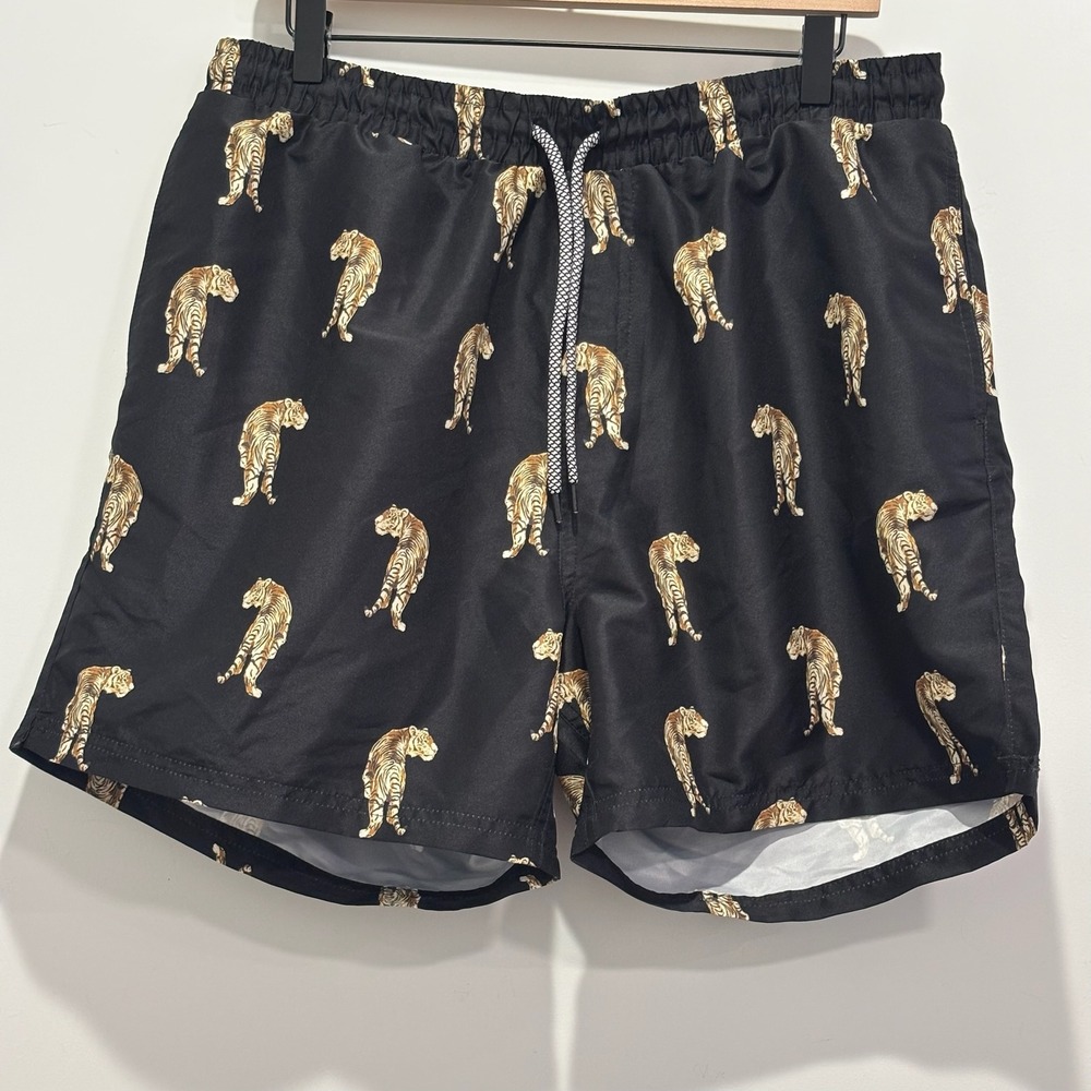 Mens Black Tiger Print Swim Trunks Graphic Board Shorts 5 Inch Inseam Size Large